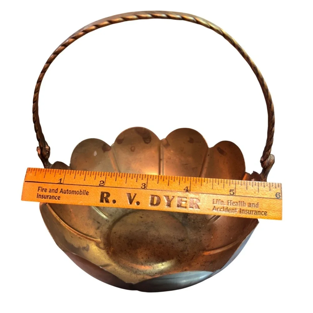 Vintage Brass Scalloped Basket With Twisted Handle Approx. 8